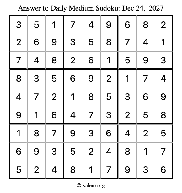 Answer to medium sudoku December 24, 2027