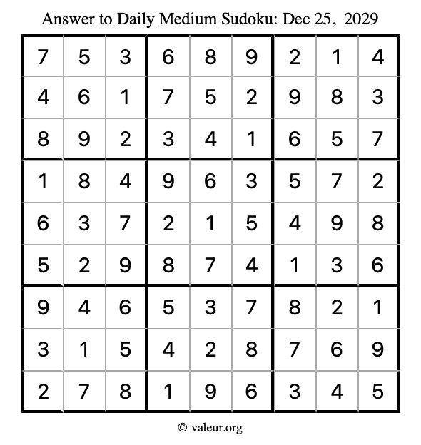 Answer to medium sudoku December 25, 2029