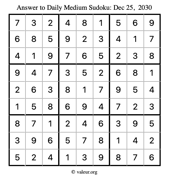 Answer to medium sudoku December 25, 2030