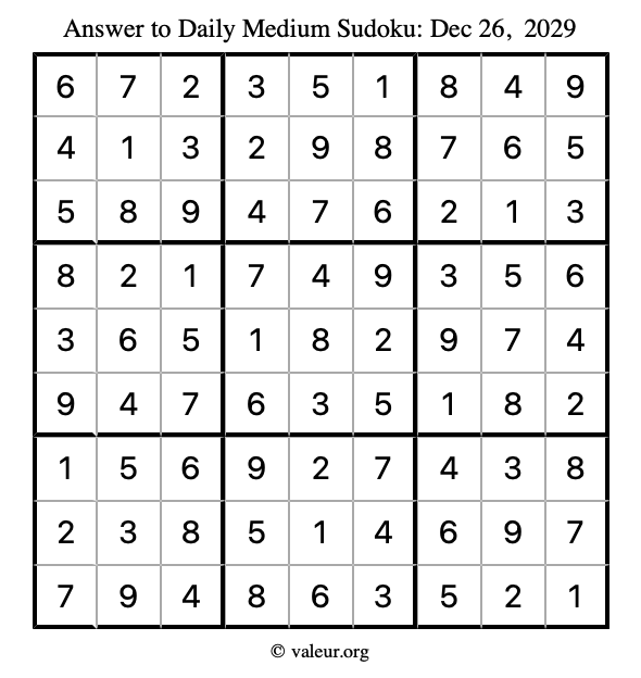 Answer to medium sudoku December 26, 2029