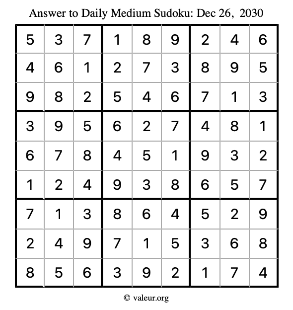 Answer to medium sudoku December 26, 2030
