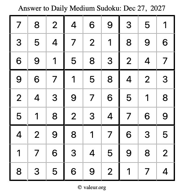 Answer to medium sudoku December 27, 2027