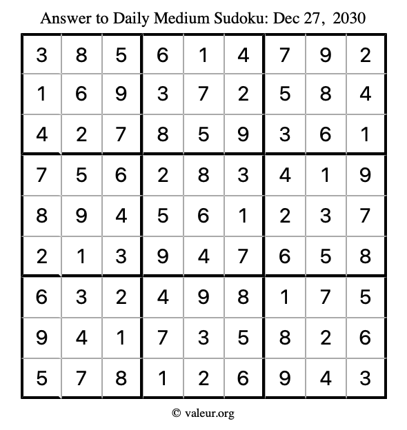 Answer to medium sudoku December 27, 2030