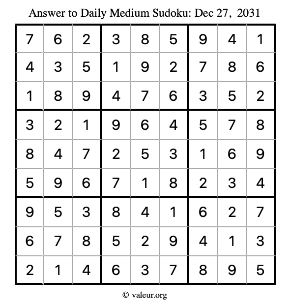 Answer to medium sudoku December 27, 2031
