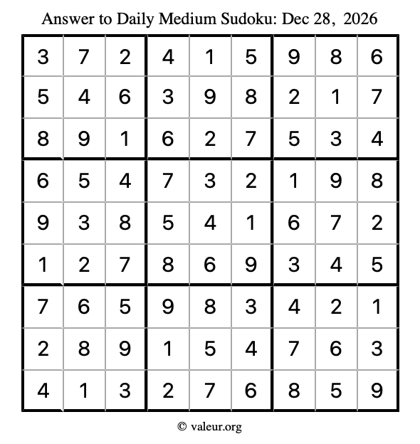 Answer to medium sudoku December 28, 2026
