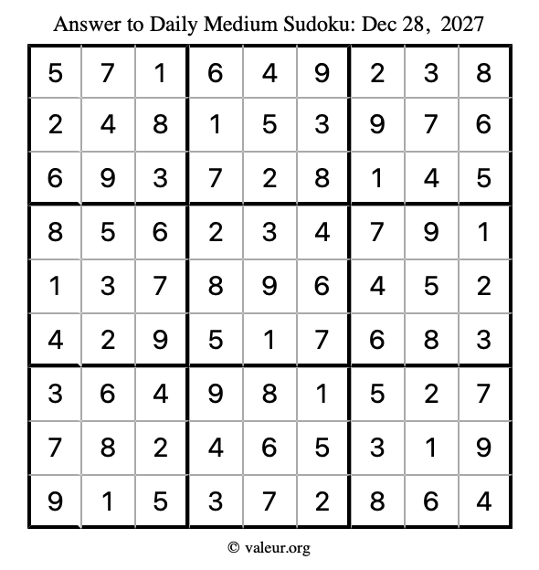 Answer to medium sudoku December 28, 2027