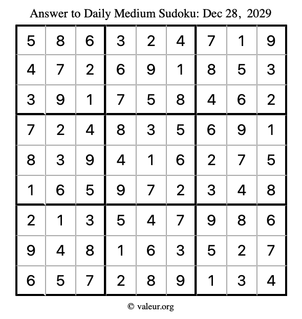 Answer to medium sudoku December 28, 2029