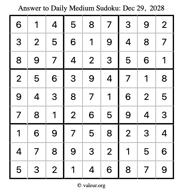 Answer to medium sudoku December 29, 2028