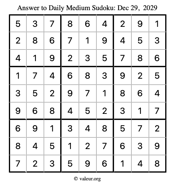 Answer to medium sudoku December 29, 2029