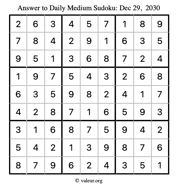 Answer to medium sudoku December 29, 2030