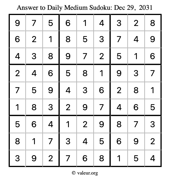 Answer to medium sudoku December 29, 2031