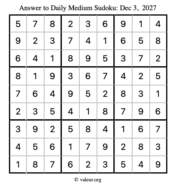 Answer to medium sudoku December 3, 2027