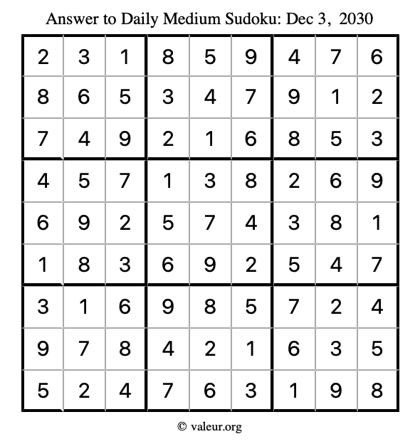 Answer to medium sudoku December 3, 2030