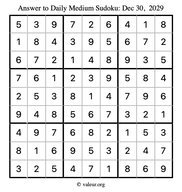 Answer to medium sudoku December 30, 2029