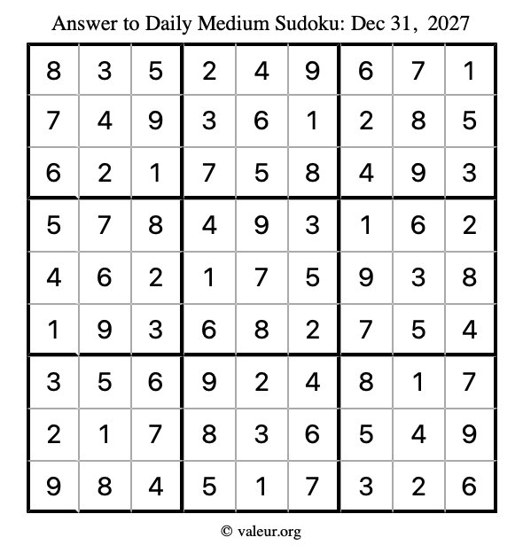 Answer to medium sudoku December 31, 2027