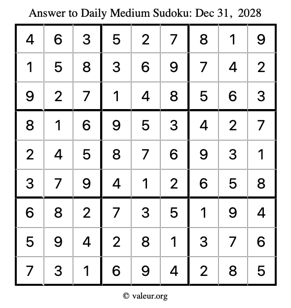 Answer to medium sudoku December 31, 2028