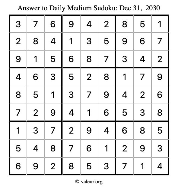 Answer to medium sudoku December 31, 2030