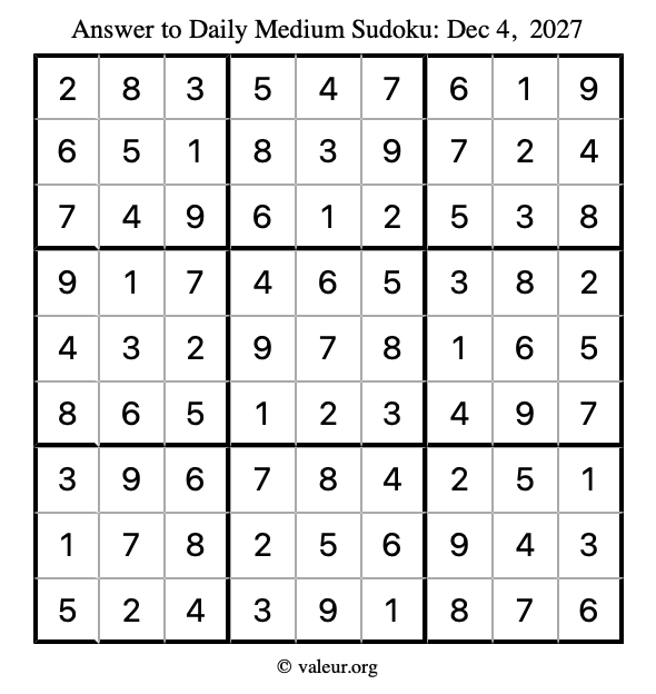 Answer to medium sudoku December 4, 2027