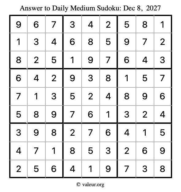 Answer to medium sudoku December 8, 2027