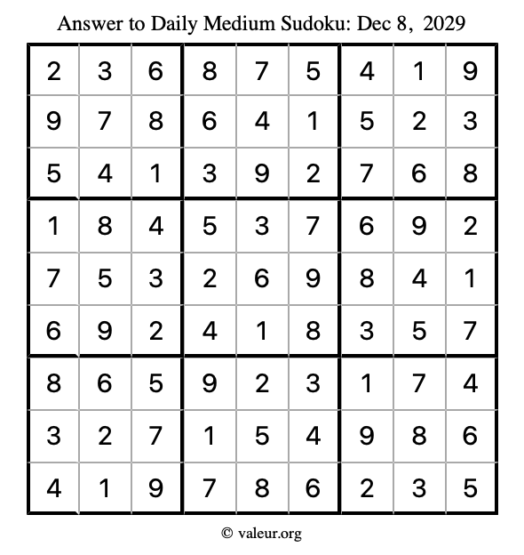 Answer to medium sudoku December 8, 2029