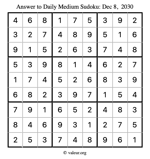 Answer to medium sudoku December 8, 2030