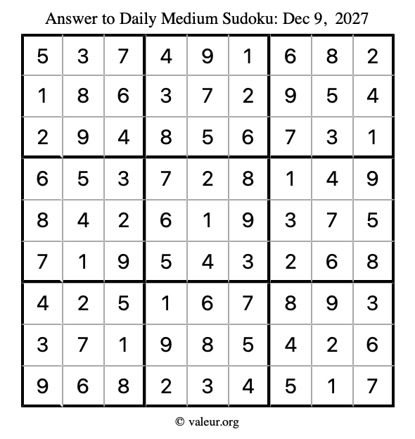 Answer to medium sudoku December 9, 2027