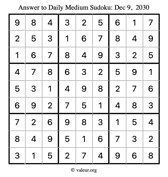 Answer to medium sudoku December 9, 2030