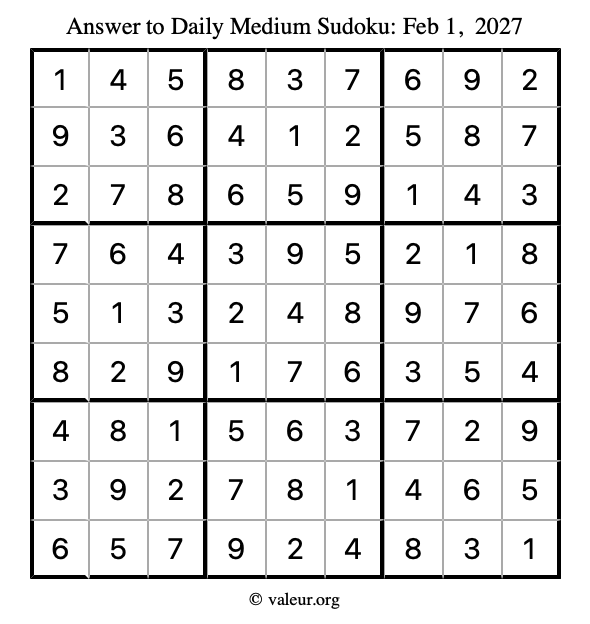 Answer to medium sudoku February 1, 2027