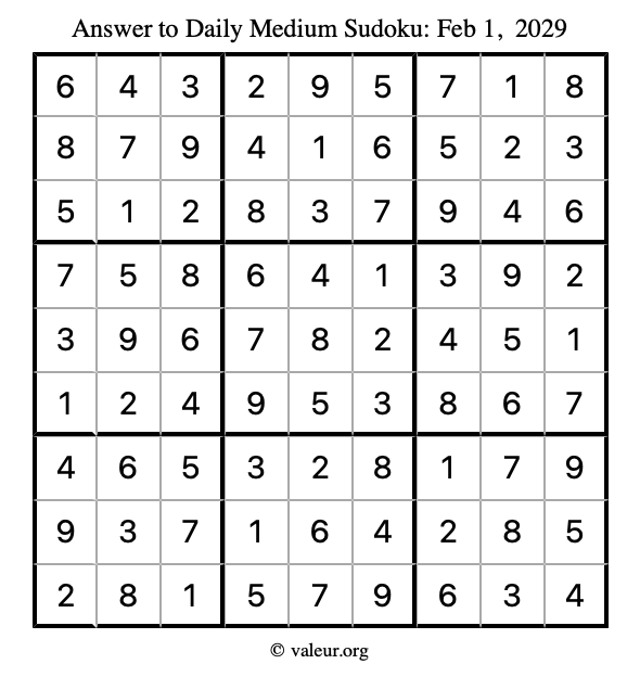 Answer to medium sudoku February 1, 2029