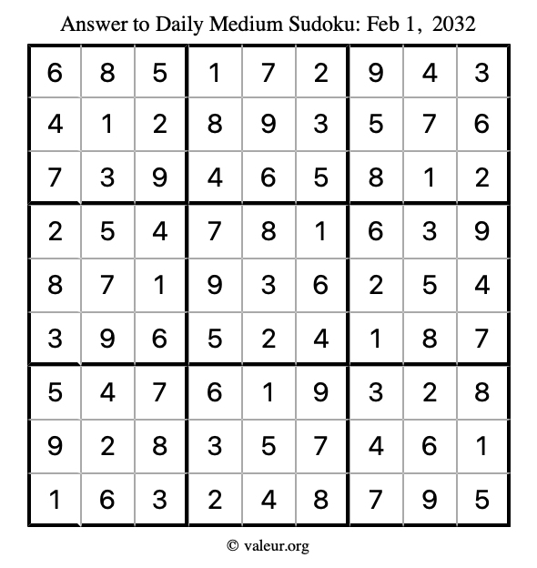 Answer to medium sudoku February 1, 2032