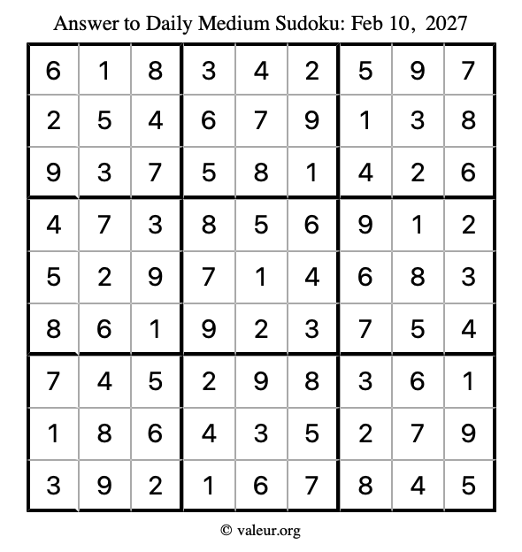 Answer to medium sudoku February 10, 2027
