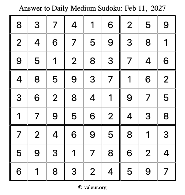 Answer to medium sudoku February 11, 2027