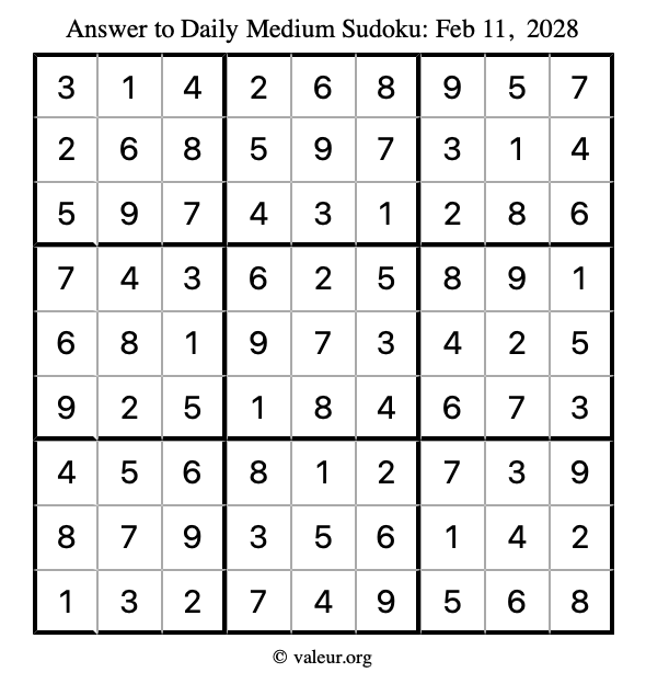 Answer to medium sudoku February 11, 2028