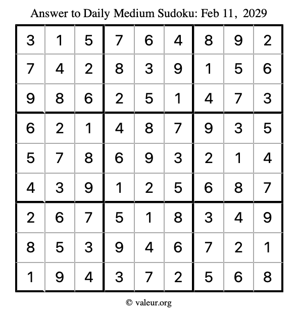 Answer to medium sudoku February 11, 2029