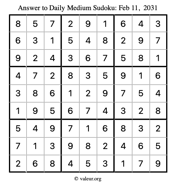 Answer to medium sudoku February 11, 2031