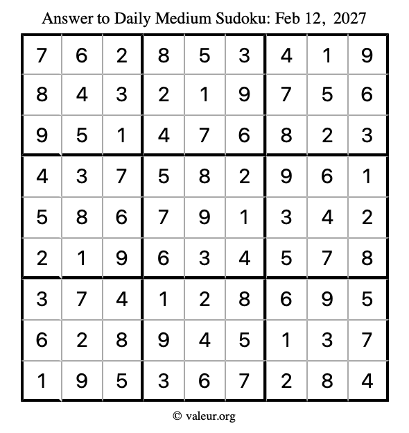 Answer to medium sudoku February 12, 2027