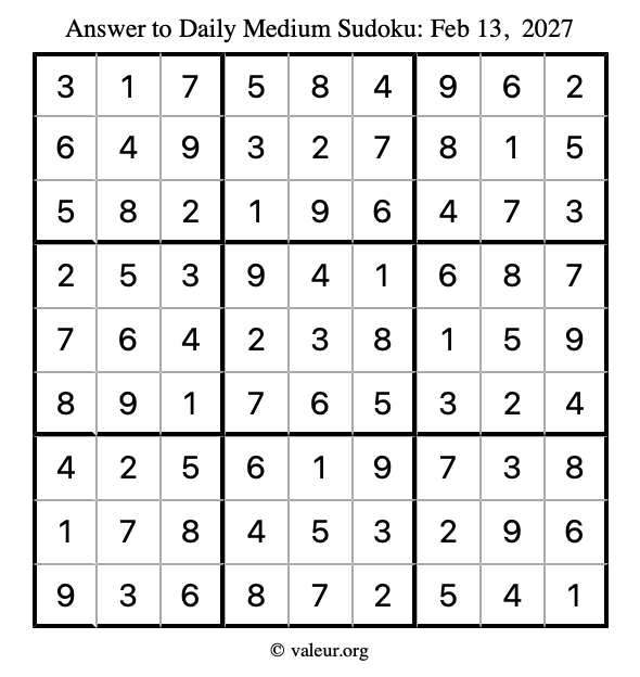 Answer to medium sudoku February 13, 2027