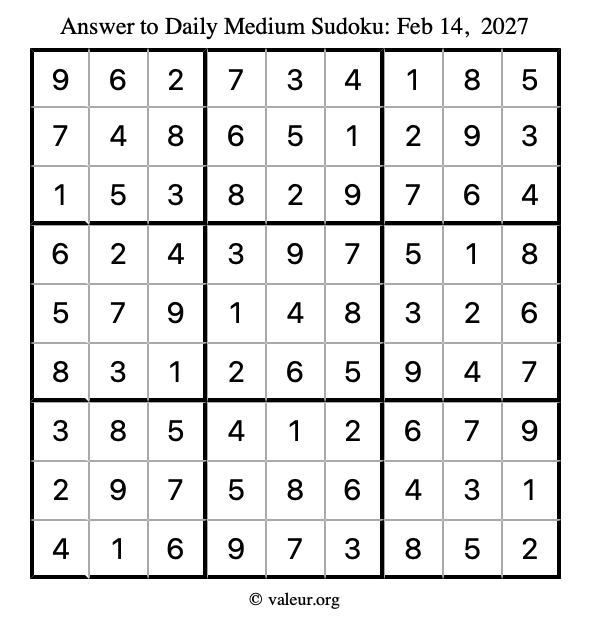Answer to medium sudoku February 14, 2027