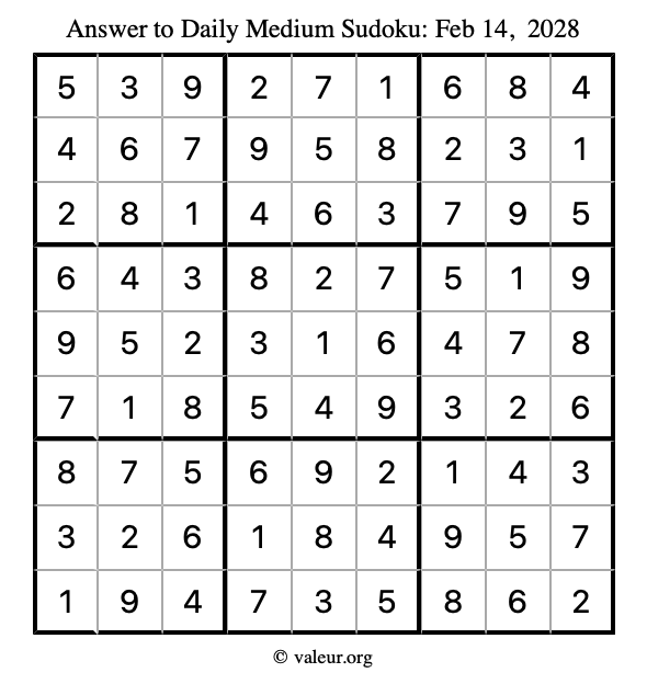 Answer to medium sudoku February 14, 2028