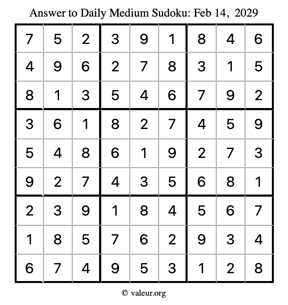 Answer to medium sudoku February 14, 2029