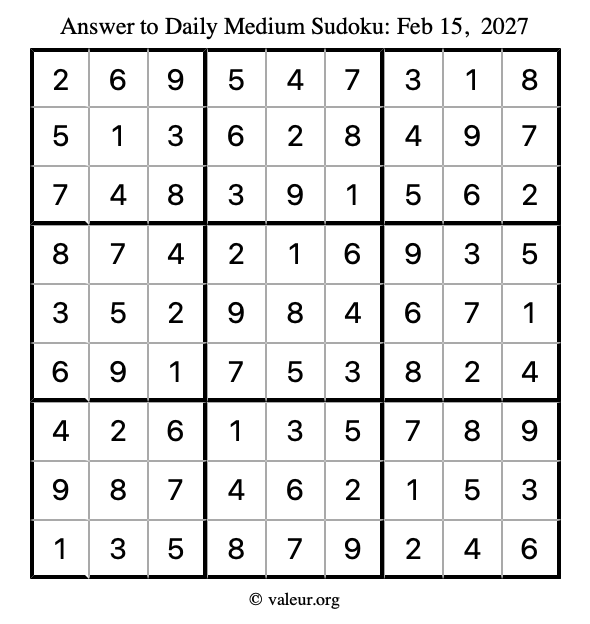 Answer to medium sudoku February 15, 2027