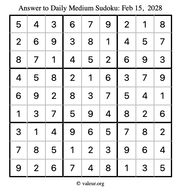 Answer to medium sudoku February 15, 2028