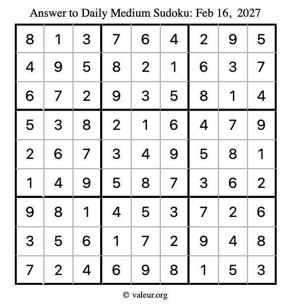 Answer to medium sudoku February 16, 2027