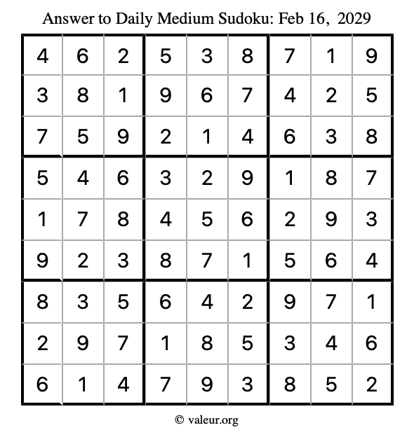 Answer to medium sudoku February 16, 2029