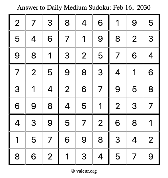 Answer to medium sudoku February 16, 2030
