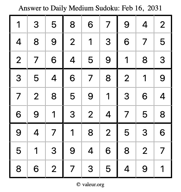 Answer to medium sudoku February 16, 2031