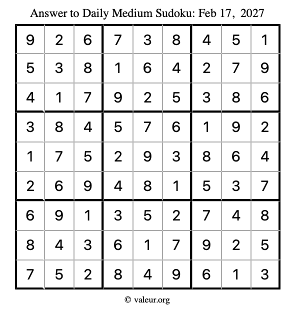Answer to medium sudoku February 17, 2027