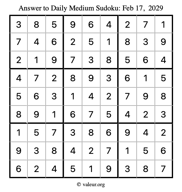 Answer to medium sudoku February 17, 2029
