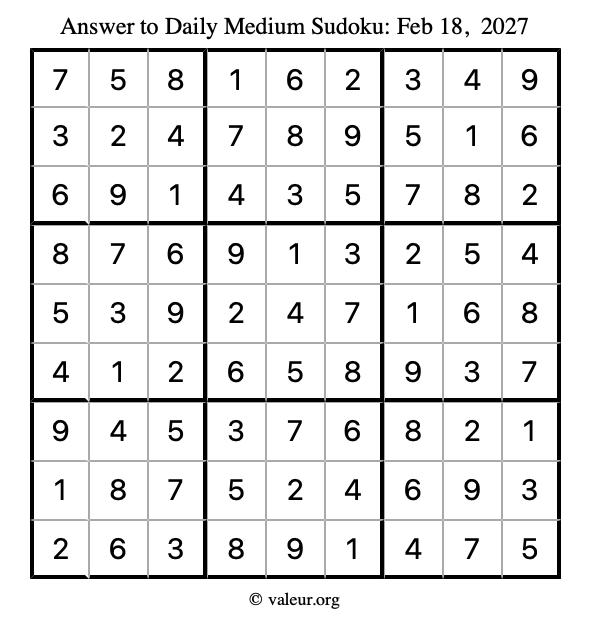 Answer to medium sudoku February 18, 2027