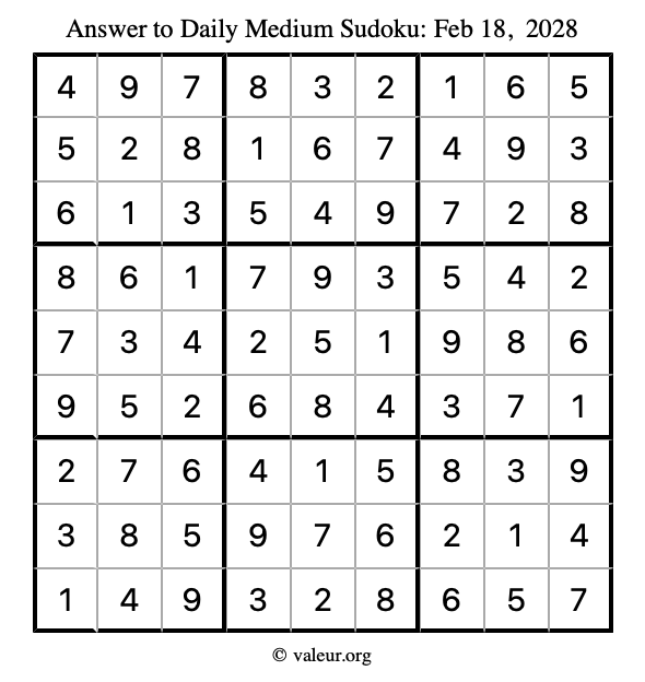 Answer to medium sudoku February 18, 2028